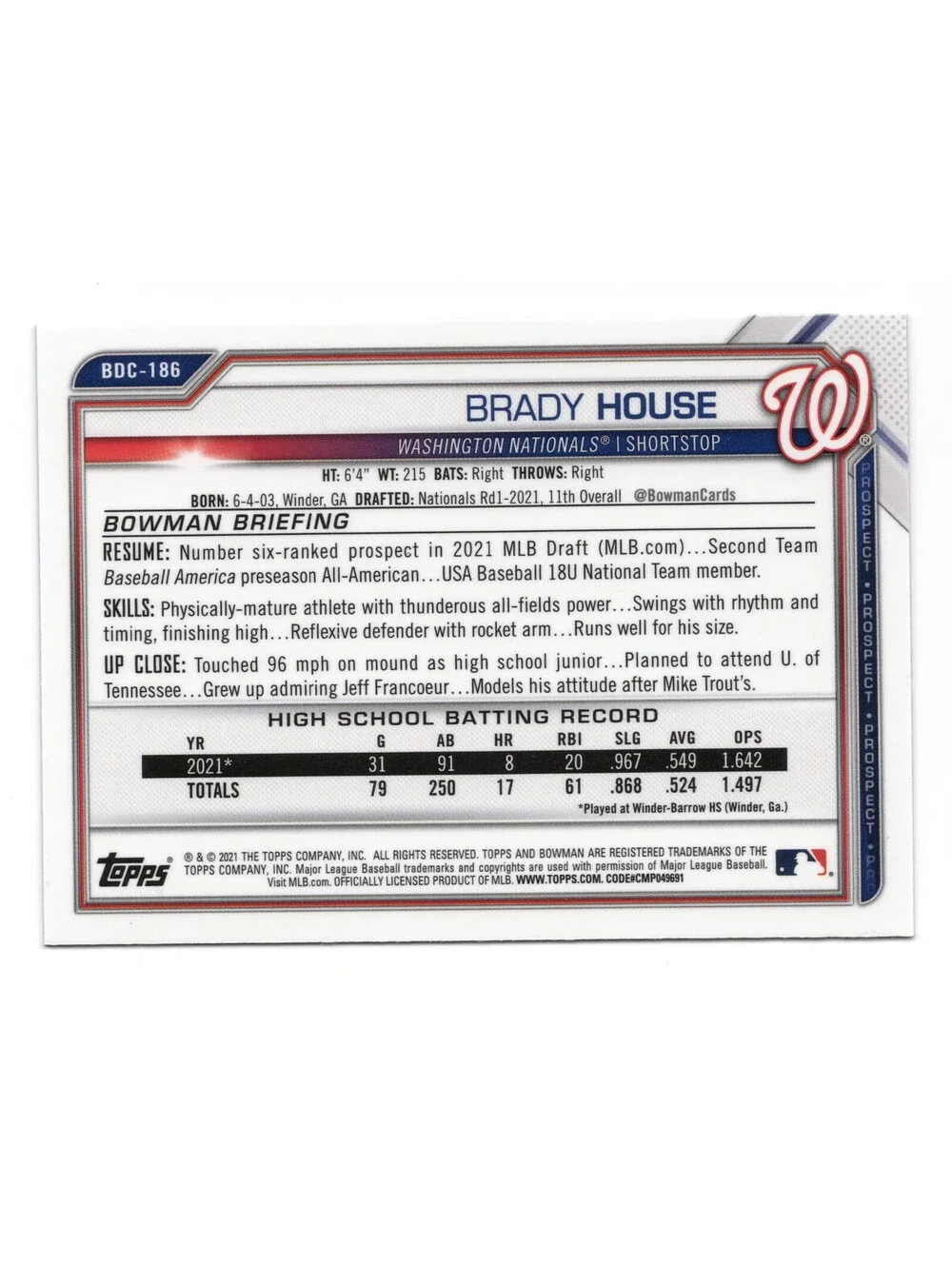 2021 Bowman Chrome Draft Sapphire Edition - Brady House #BDC-186 (RC)